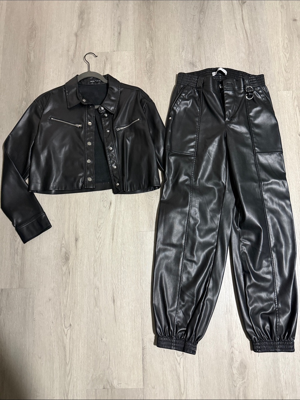 Cropped Faux Leather Jacket and Elastic Hem Jogger Pants - Black